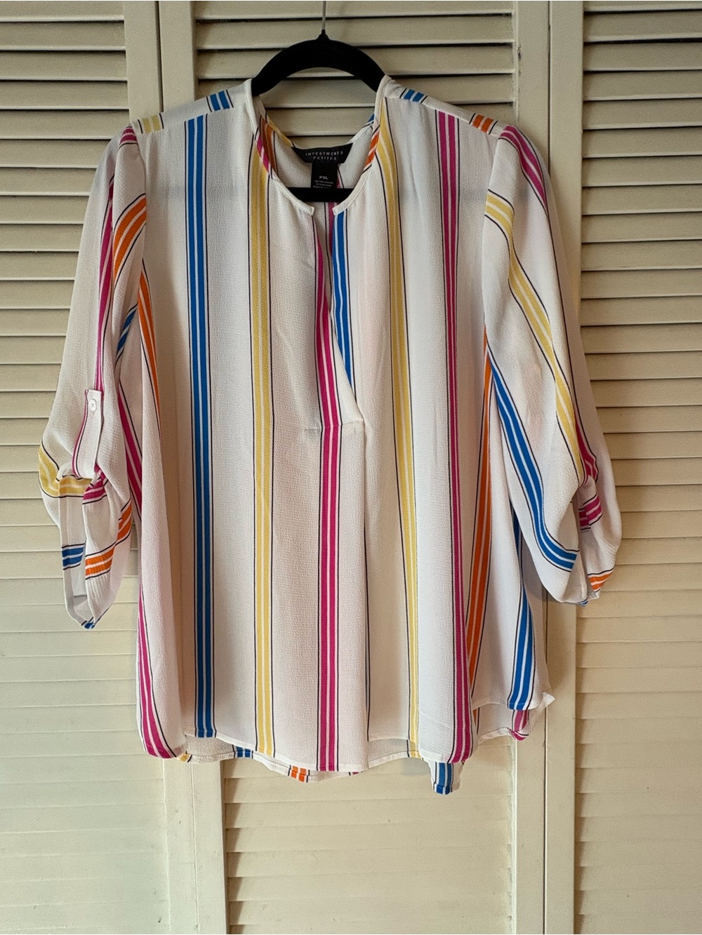Investments White Multi-Stripe Roll-Tab Blouse. Never worn